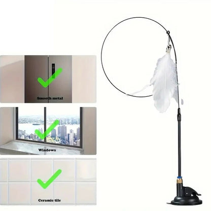 Long Suction Cup Pole Interactive Bell and Feather Wand Cat Teaser Toy