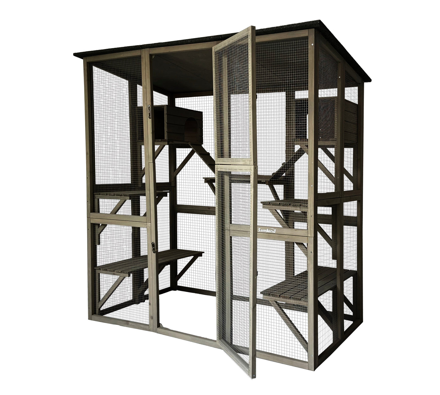 Samland Wooden Cat Cage Walk in Cat Condo House Kitten Ferret Enclosure Cage